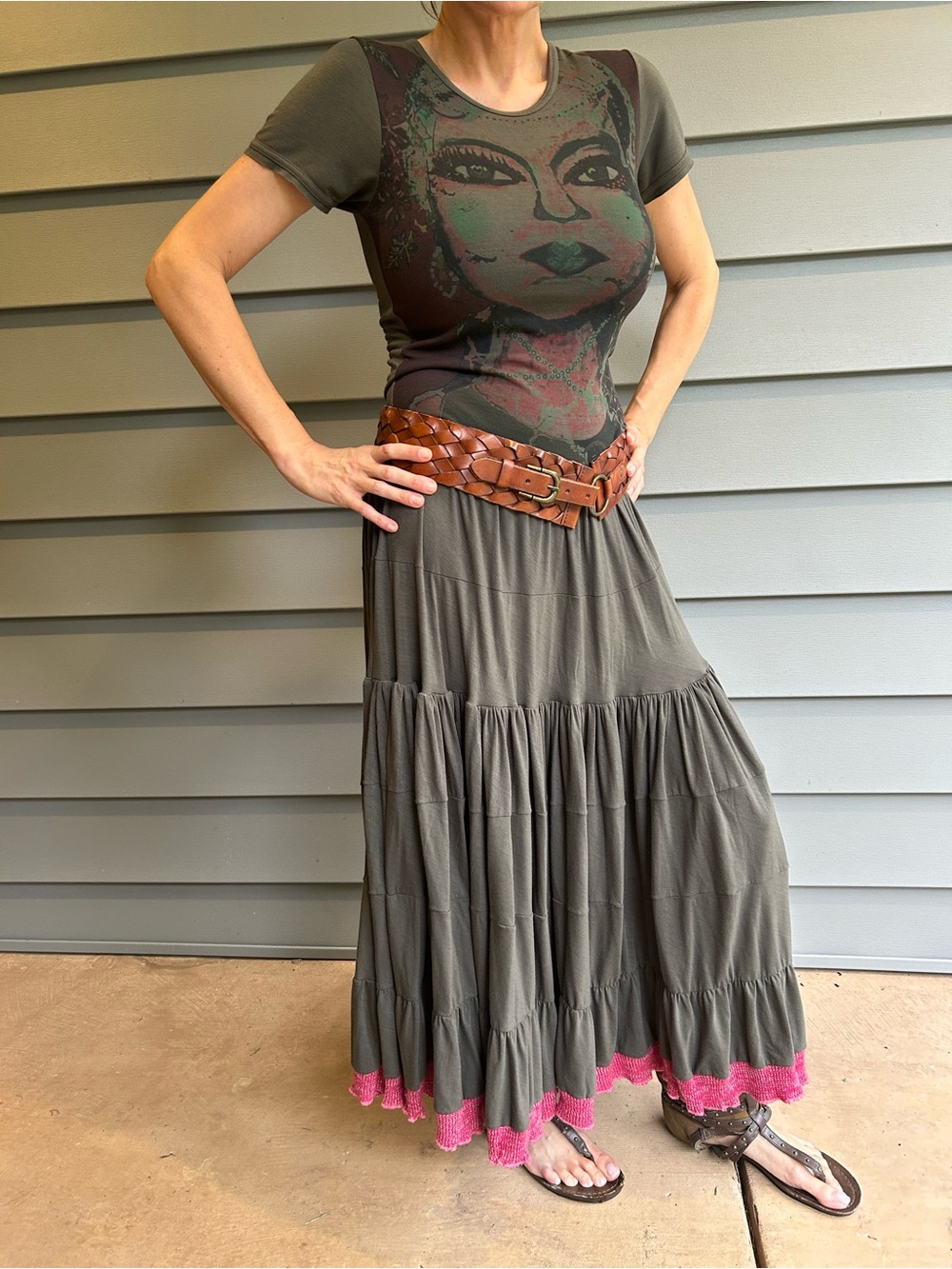Olive Graphic Tiered Maxi Dress with Pink Trim - Picture 12 of 12
